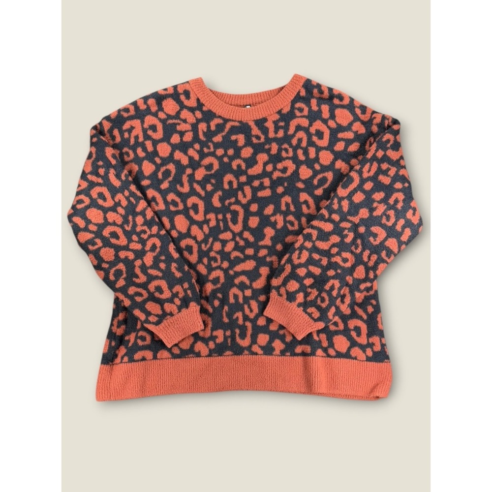 Hema Women Orange Black Leopard Animal Print Fuzzy Feather Knit Sweater Large